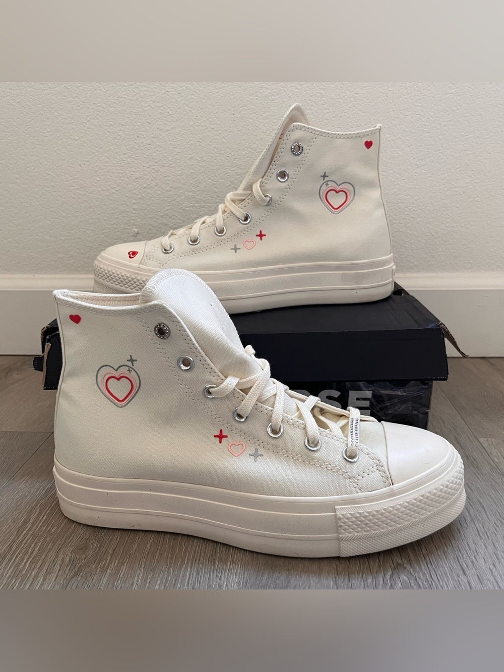Classic High-Top Canvas Sneakers with Heart Motif - White